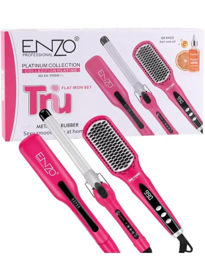 ENZO EN-3955W 3-in-1 Platinum Collection Hair Styling kit - Versatile Hot Air Brush, Straightener, and Curling Iron with Platinum Ceramic Technology-Intl Version (PINK)
