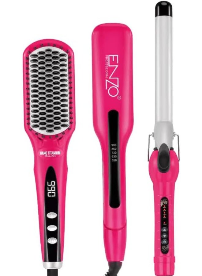 ENZO Professional مجموعة تصفيف الشعر بلاتينيوم ENZO EN-3955W 3 في 1 - فرشاة هواء ساخن متعددة الاستخدامات، مكواة فرد، ومكواة تجعيد بتقنية السيراميك البلاتيني - النسخة الدولية (وردي) - Image 5