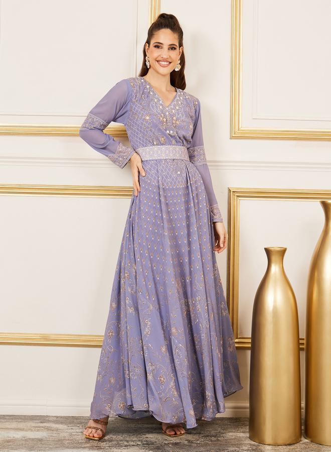 Maxim Creation Rhinestone Detail Digital Print Belted Jalabiya - Image 1