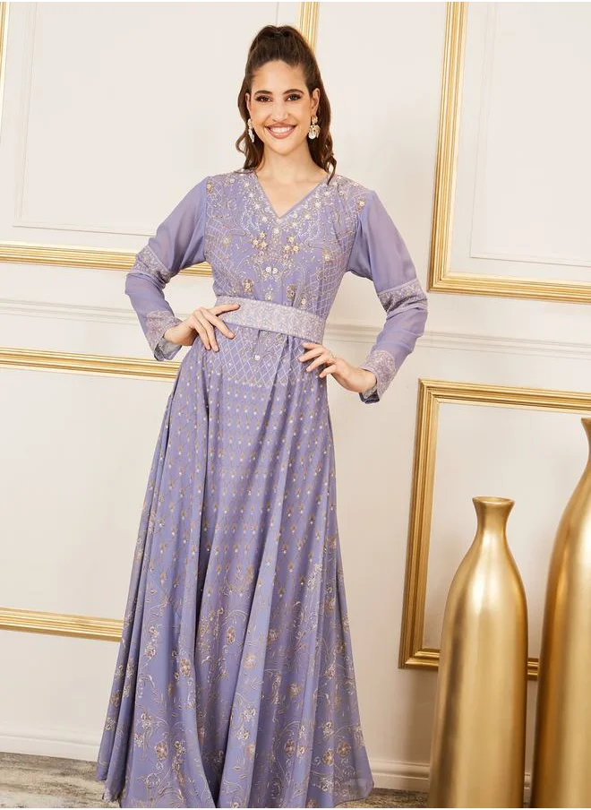 Maxim Creation Rhinestone Detail Digital Print Belted Jalabiya by Styli