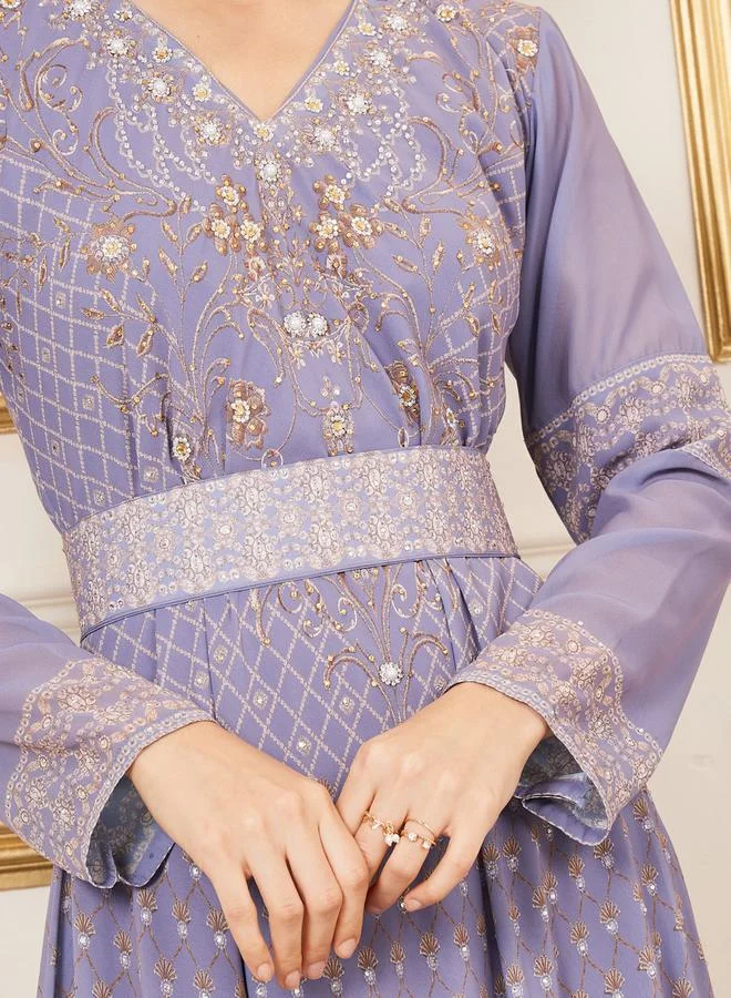 مكسيم كريشن Rhinestone Detail Digital Print Belted Jalabiya by Styli
