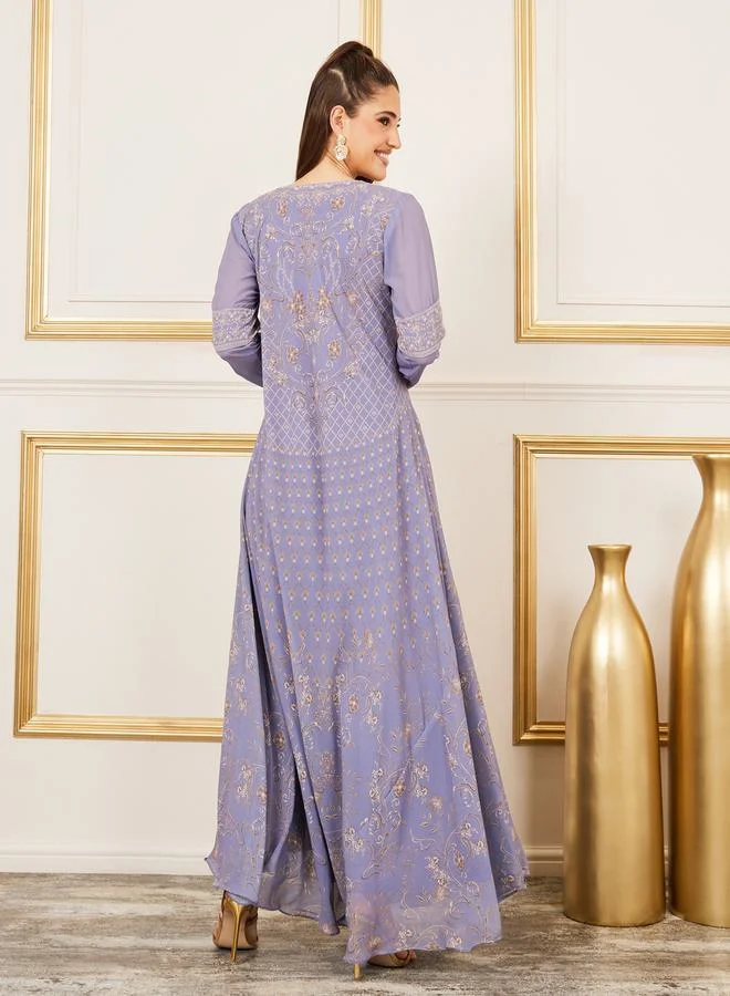 مكسيم كريشن Rhinestone Detail Digital Print Belted Jalabiya by Styli