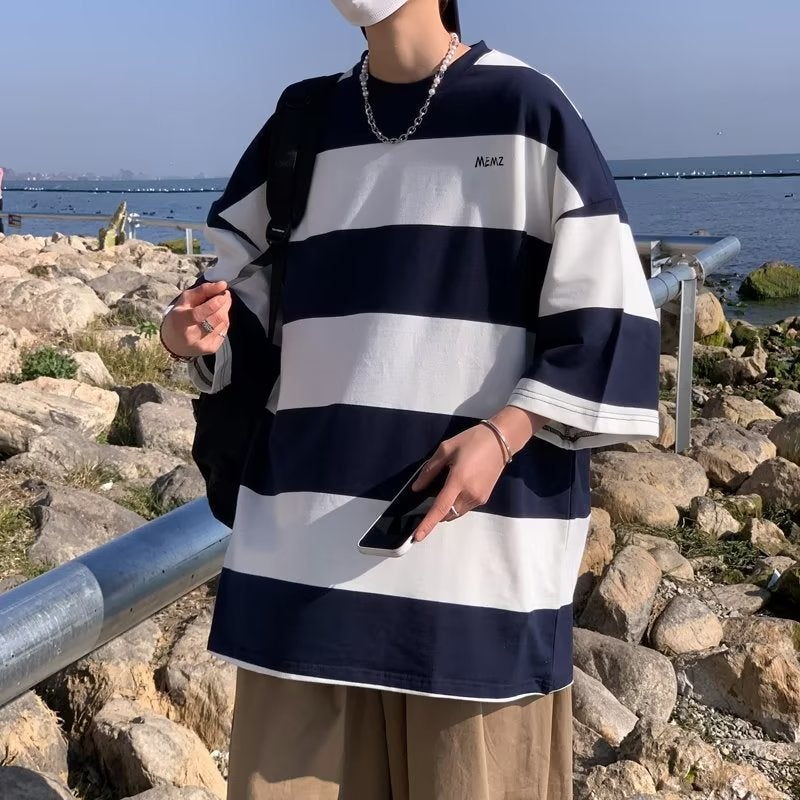 Striped Male Youth T-Shirt Short-Sleeved Hong Kong Style Versatile Three-Quarter Sleeve Loose Round Neck T-Shirt Summer New Half-Sleeved Trendy - Image 1