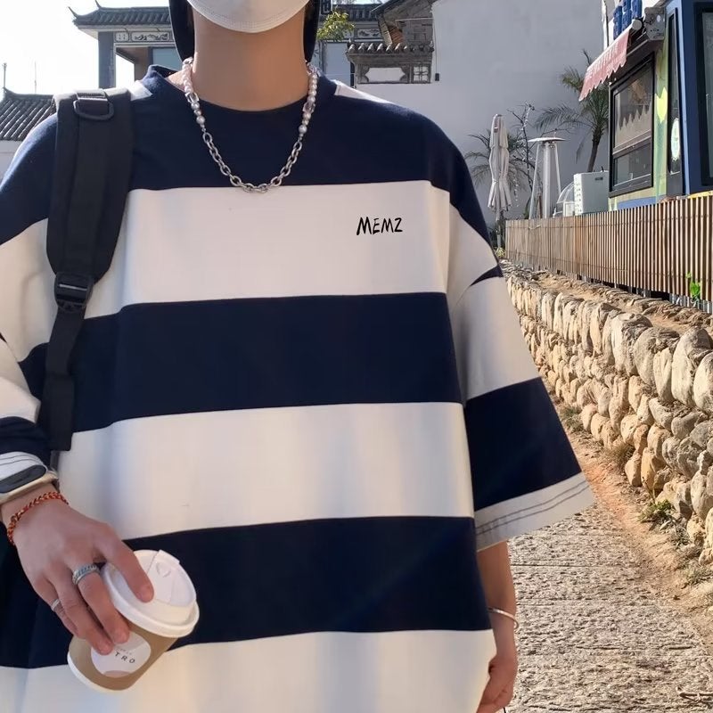 Striped Male Youth T-Shirt Short-Sleeved Hong Kong Style Versatile Three-Quarter Sleeve Loose Round Neck T-Shirt Summer New Half-Sleeved Trendy - Image 3