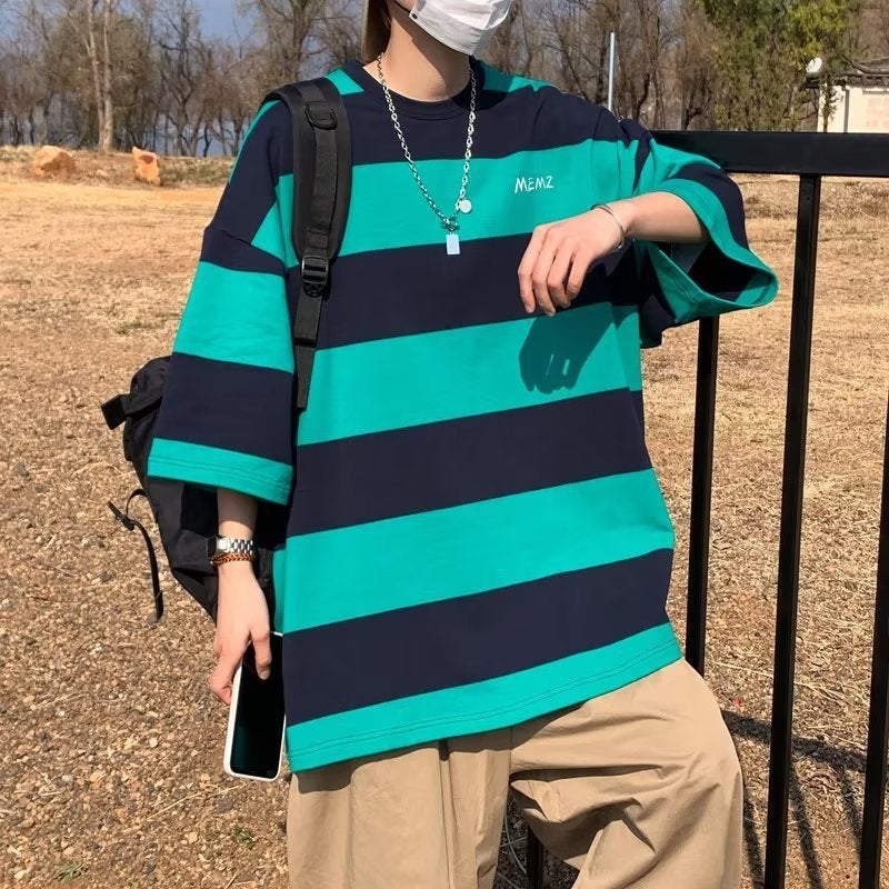 Striped Male Youth T-Shirt Short-Sleeved Hong Kong Style Versatile Three-Quarter Sleeve Loose Round Neck T-Shirt Summer New Half-Sleeved Trendy - Image 4