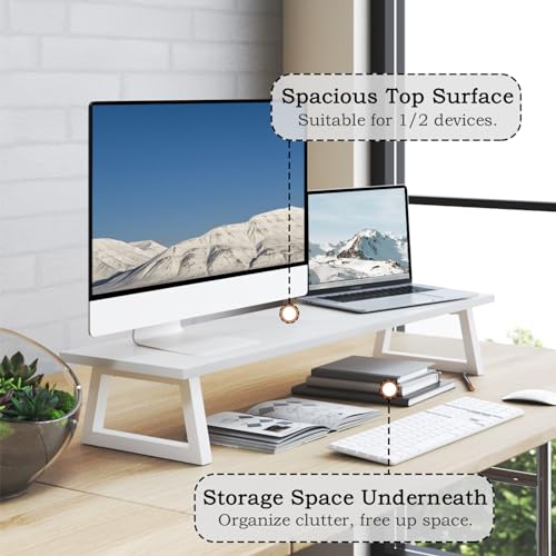 TEAMIX White Dual Monitor Riser - 31.5 inch Wide TV Stand for 2 Monitors - Wood & Steel Desktop Riser for Dual Screen Office Desk Organization - Image 2
