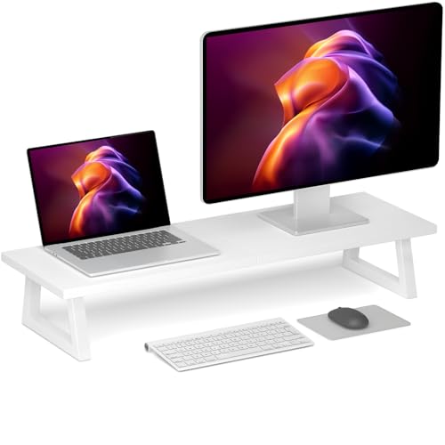 TEAMIX White Dual Monitor Riser - 31.5 inch Wide TV Stand for 2 Monitors - Wood & Steel Desktop Riser for Dual Screen Office Desk Organization - Image 1