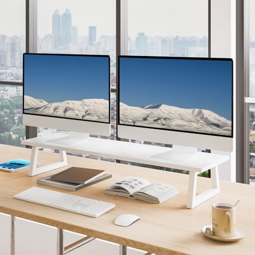 TEAMIX White Dual Monitor Riser - 31.5 inch Wide TV Stand for 2 Monitors - Wood & Steel Desktop Riser for Dual Screen Office Desk Organization - Image 3