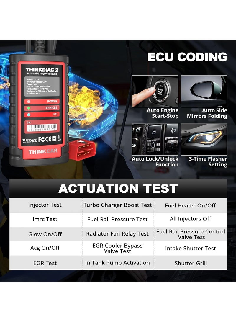 Thinkdiag2 Full Version All System Obd2 Diagnostic Scanner, Bluetooth Scan Tool with Can-Fd Protocol, AutoVin, Active Test, 15 Reset Functions, Ecu Coding, 1 Year Free Update