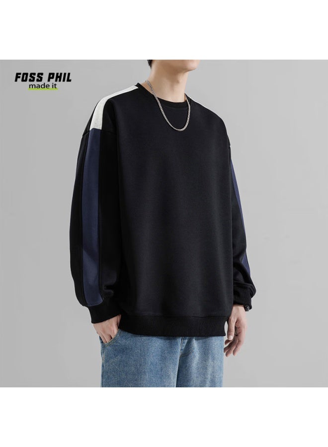 Foss Phil Crew Neck Sweatshirt For Men, Spring And Autumn Loose Casual Patchwork Color-block Trendy T-shirt Top, 8883 Black XL - Image 4