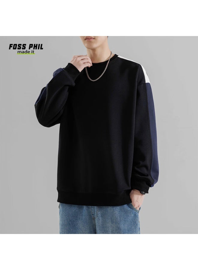 Foss Phil Crew Neck Sweatshirt For Men, Spring And Autumn Loose Casual Patchwork Color-block Trendy T-shirt Top, 8883 Black XL - Image 3