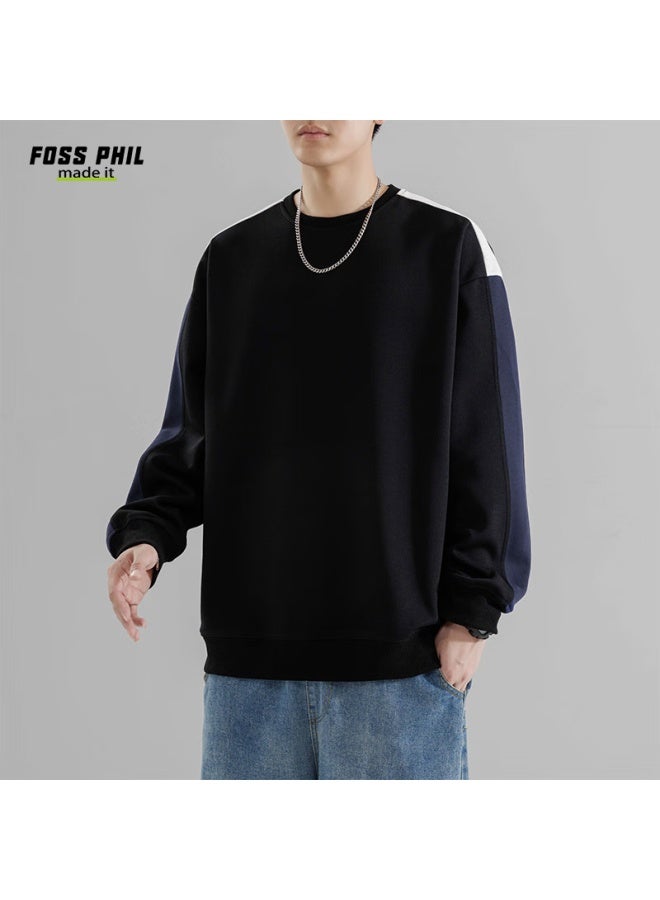 Foss Phil Crew Neck Sweatshirt For Men, Spring And Autumn Loose Casual Patchwork Color-block Trendy T-shirt Top, 8883 Black XL - Image 2