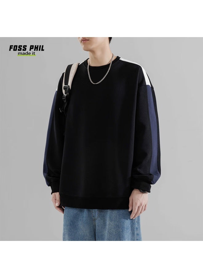 Foss Phil Crew Neck Sweatshirt For Men, Spring And Autumn Loose Casual Patchwork Color-block Trendy T-shirt Top, 8883 Black XL - Image 5