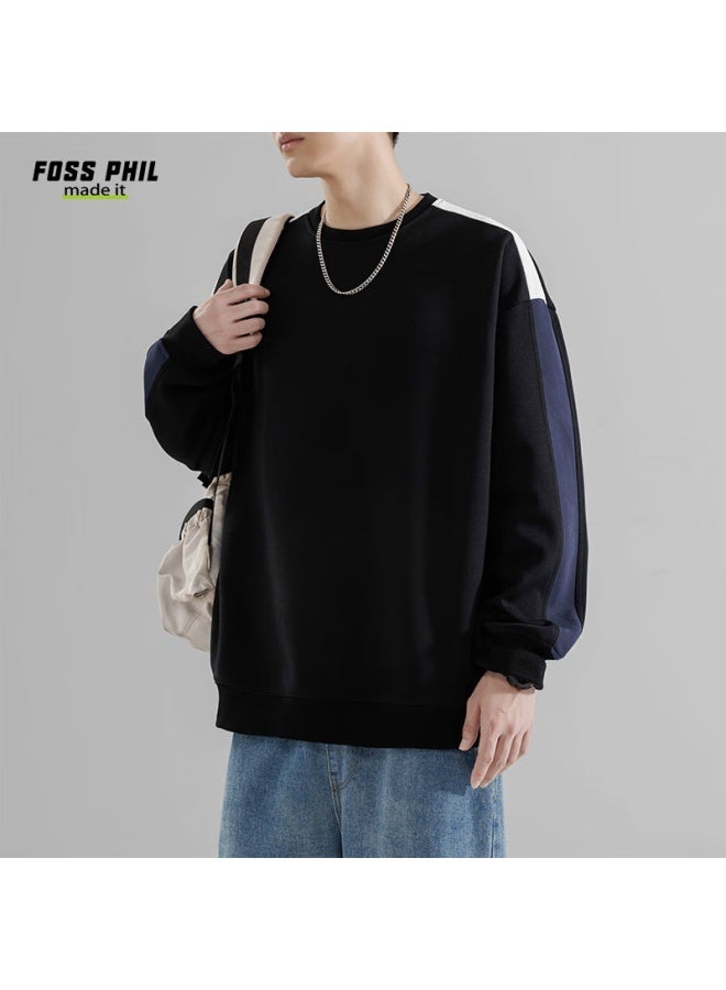 Foss Phil Crew Neck Sweatshirt For Men, Spring And Autumn Loose Casual Patchwork Color-block Trendy T-shirt Top, 8883 Black XL - Image 1