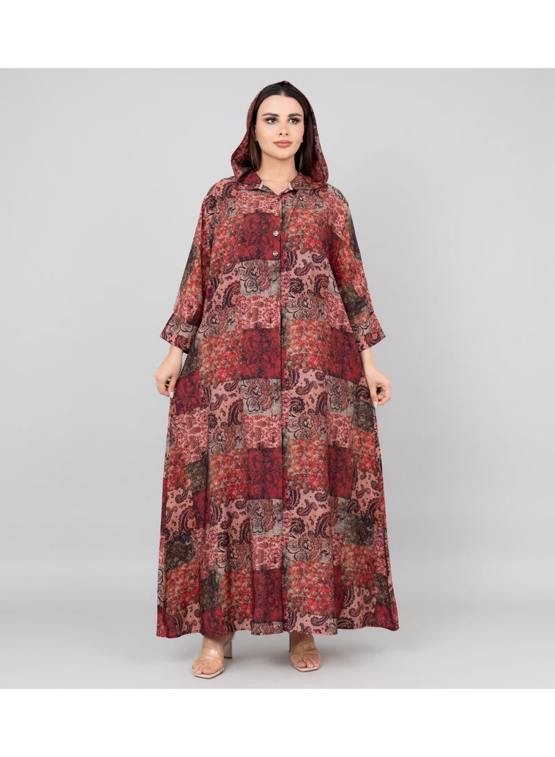 اكسا جلابية بغطاء رأس بطبعة نقشة لون عنابي - Image 1