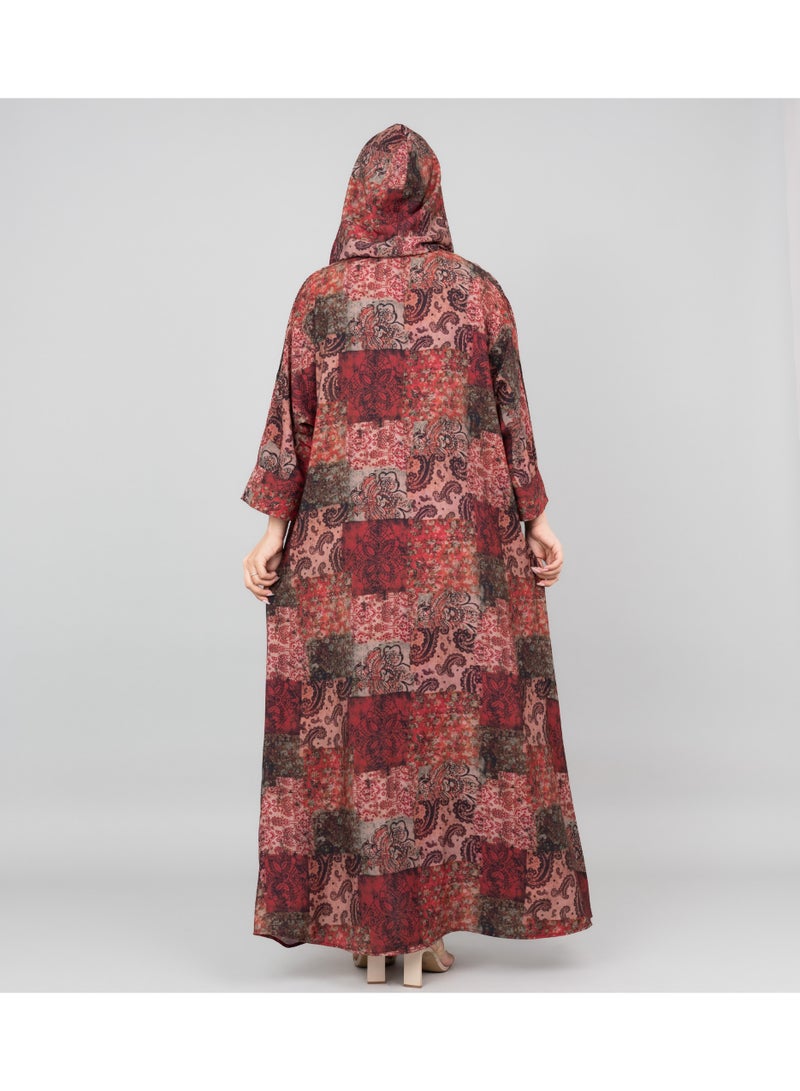 اكسا جلابية بغطاء رأس بطبعة نقشة لون عنابي - Image 4