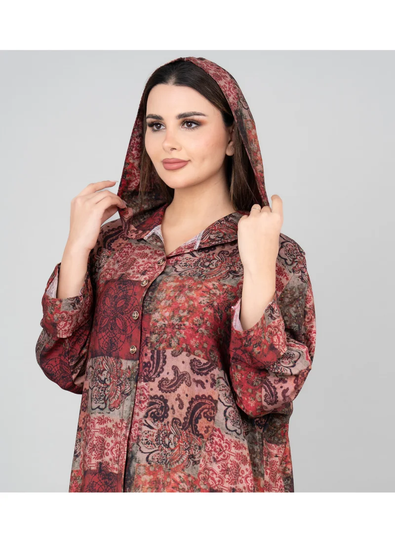 IKKXA Pattern Printed Hooded Jalabiya IK1020 Maroon
