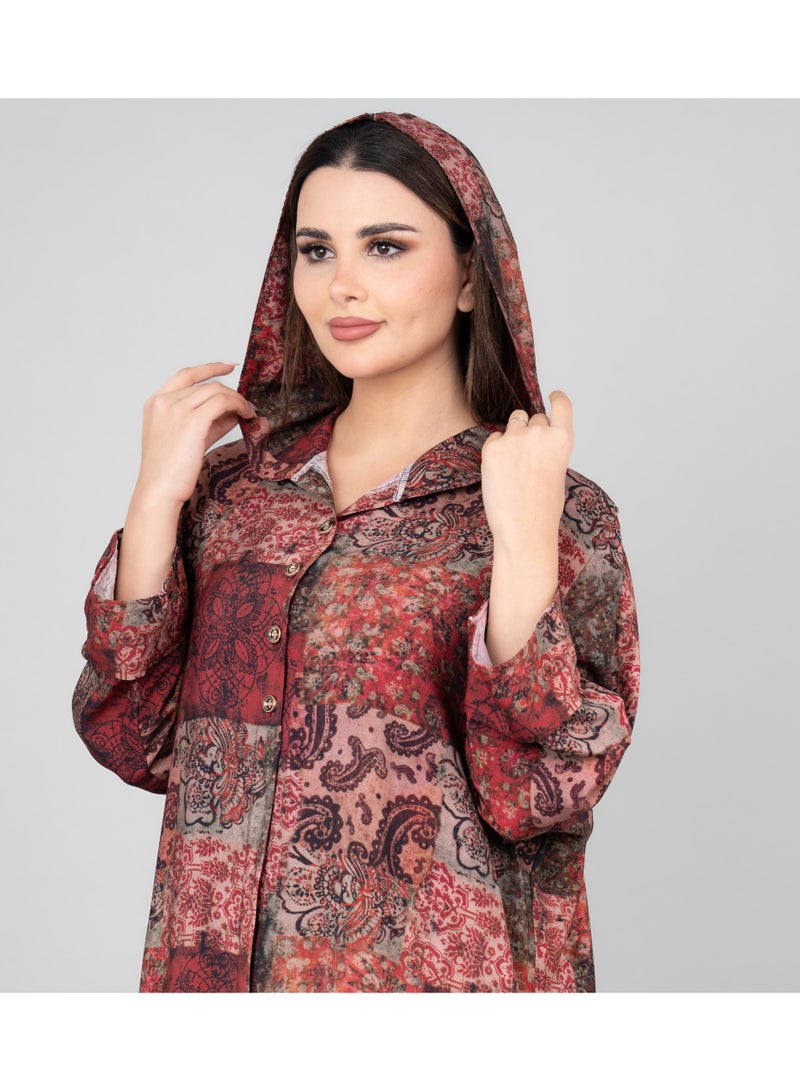 اكسا جلابية بغطاء رأس بطبعة نقشة لون عنابي - Image 2