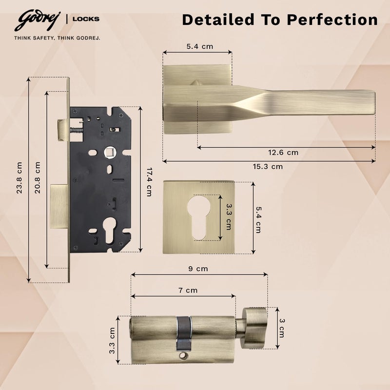 Godrej Locking Solutions and Systems Godrej Mortise LockHandle Lock Set for Main Bedroom DoorHDH 08 Rossette Home Dcor HandleMatte Antique Brass Finish9 Inch Lockbody70 mm 1CK Cylinder Knob from Inside 3 Keys 5 Y Warranty  - Image 5