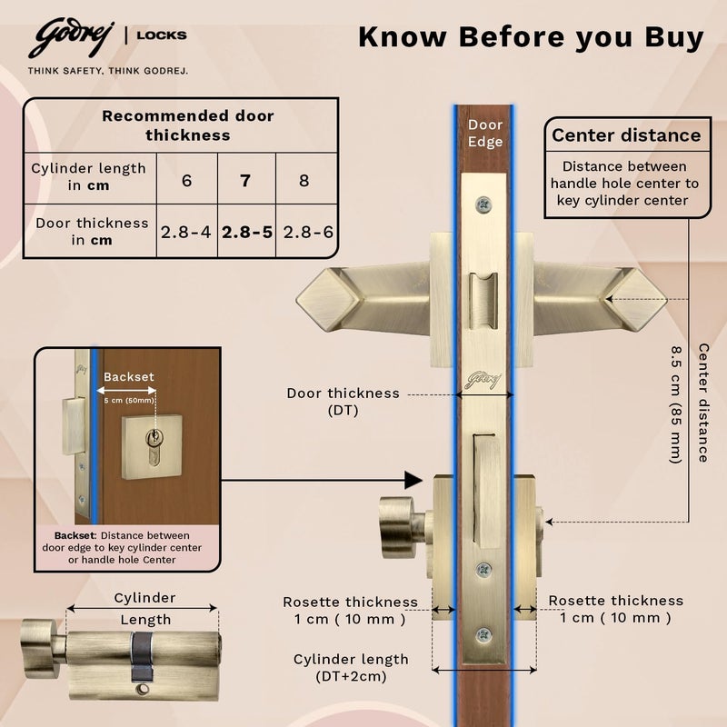 Godrej Locking Solutions and Systems Godrej Mortise LockHandle Lock Set for Main Bedroom DoorHDH 08 Rossette Home Dcor HandleMatte Antique Brass Finish9 Inch Lockbody70 mm 1CK Cylinder Knob from Inside 3 Keys 5 Y Warranty  - Image 4