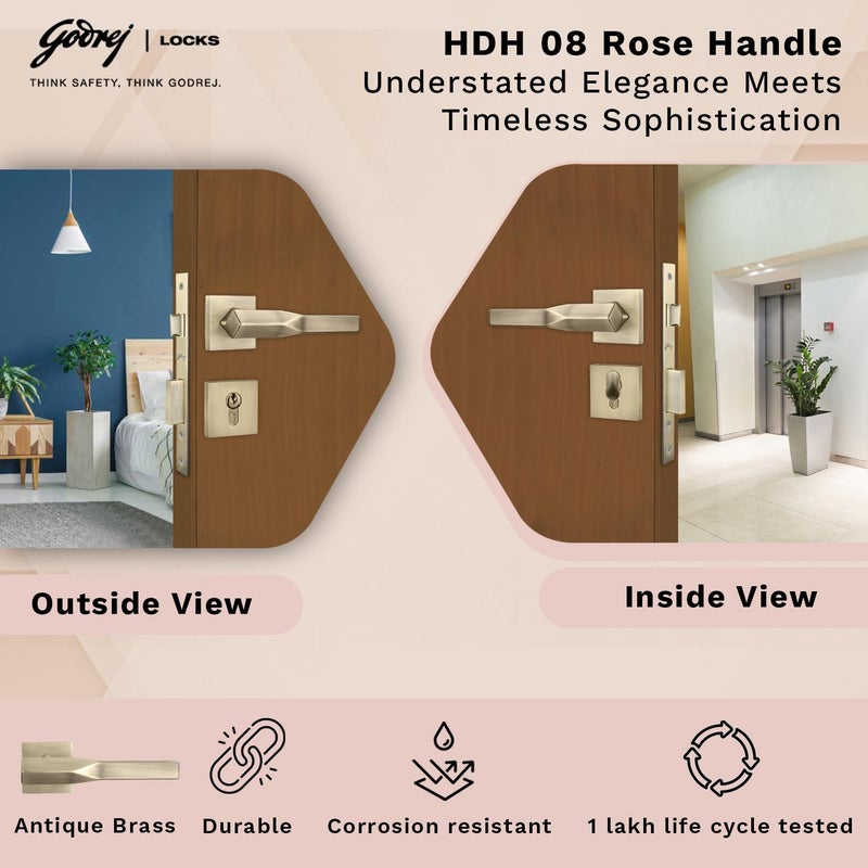 Godrej Locking Solutions and Systems Godrej Mortise LockHandle Lock Set for Main Bedroom DoorHDH 08 Rossette Home Dcor HandleMatte Antique Brass Finish9 Inch Lockbody70 mm 1CK Cylinder Knob from Inside 3 Keys 5 Y Warranty  - Image 2