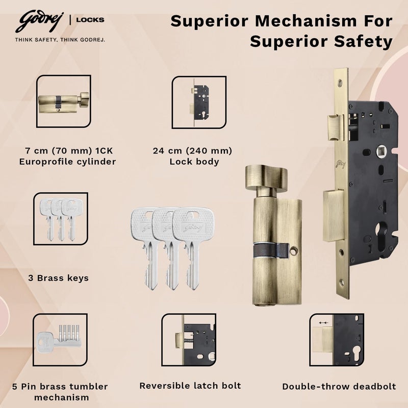 Godrej Locking Solutions and Systems Godrej Mortise LockHandle Lock Set for Main Bedroom DoorHDH 08 Rossette Home Dcor HandleMatte Antique Brass Finish9 Inch Lockbody70 mm 1CK Cylinder Knob from Inside 3 Keys 5 Y Warranty  - Image 3
