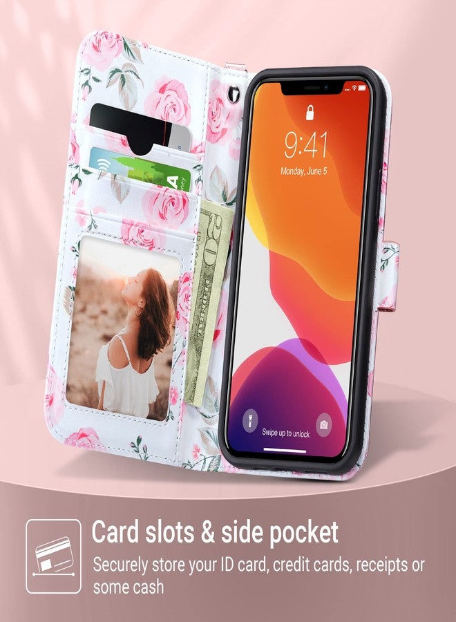 ULAK Compatible with iPhone 12/12 Pro Wallet Case with Card Holder [RFID Blocking], Rose Pink Floral PU Leather Case with Kickstand Card Slots Wrist Strap, Durable Shockproof Protective Cover 6.1 Inch - Image 5