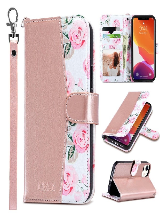 ULAK Compatible with iPhone 12/12 Pro Wallet Case with Card Holder [RFID Blocking], Rose Pink Floral PU Leather Case with Kickstand Card Slots Wrist Strap, Durable Shockproof Protective Cover 6.1 Inch - Image 1