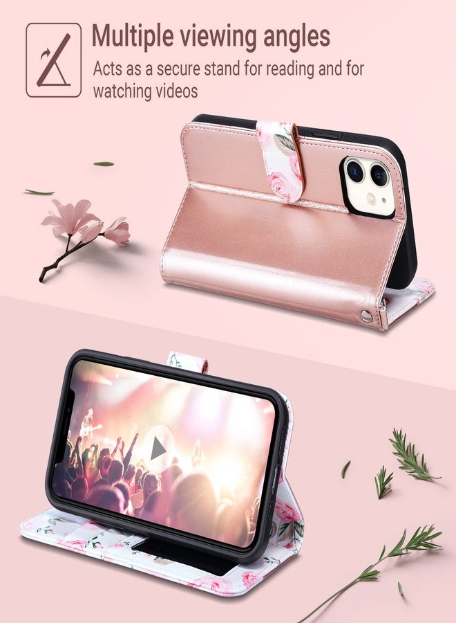 ULAK Compatible with iPhone 12/12 Pro Wallet Case with Card Holder [RFID Blocking], Rose Pink Floral PU Leather Case with Kickstand Card Slots Wrist Strap, Durable Shockproof Protective Cover 6.1 Inch - Image 4