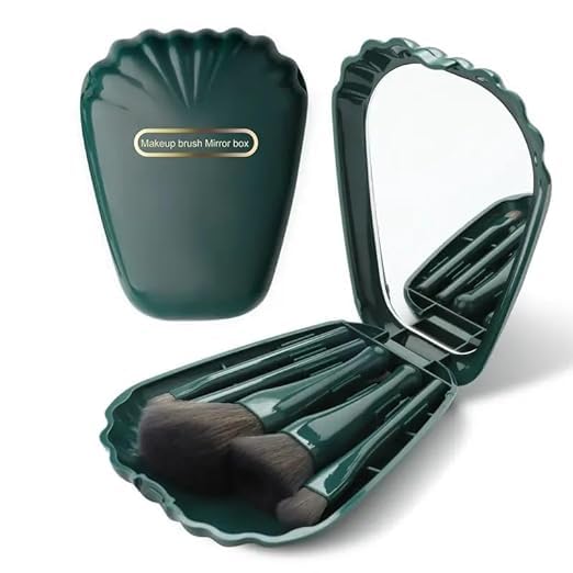 KRLZ Easytaken Travel Makeup Brush Set 5pcs Mini Makeup Kit With Mirror Foundation Brush Eyeshadow Brush Shell Shape Complete Function Travel Portable Cosmetic Brushes Kit - Image 1