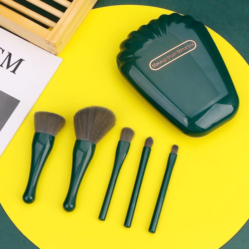 KRLZ Easytaken Travel Makeup Brush Set 5pcs Mini Makeup Kit With Mirror Foundation Brush Eyeshadow Brush Shell Shape Complete Function Travel Portable Cosmetic Brushes Kit - Image 5