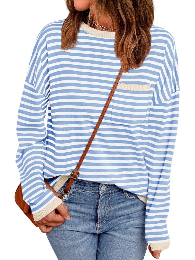 LILLUSORY Womens Sweaters 2025 Early Fall Fashion Must Have Clothes Outfits Striped Lightweight Oversized Ladies Cute Teacher Work Office Pullover Crewneck Long Sleeve Trendy Old Money Tops Clothing - Image 1