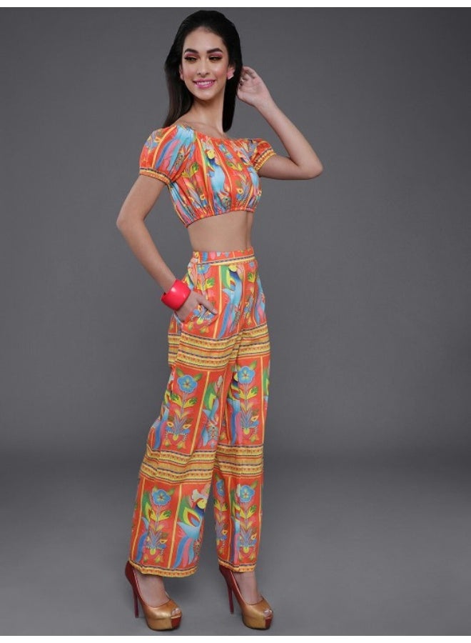 AKS Orange & Blue Floral Printed Crop With Palazzo Set  - Image 4