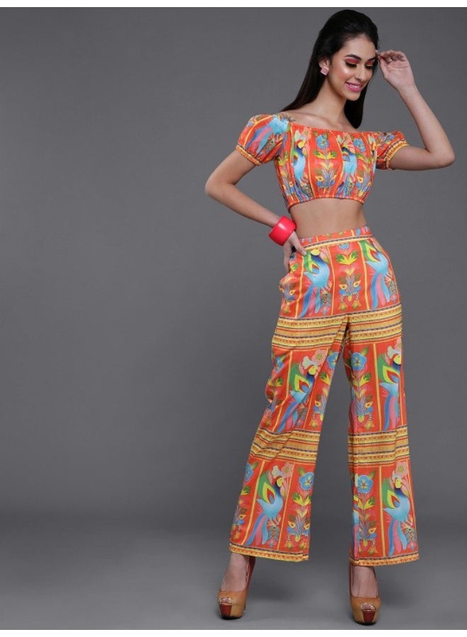 AKS Orange & Blue Floral Printed Crop With Palazzo Set  - Image 1