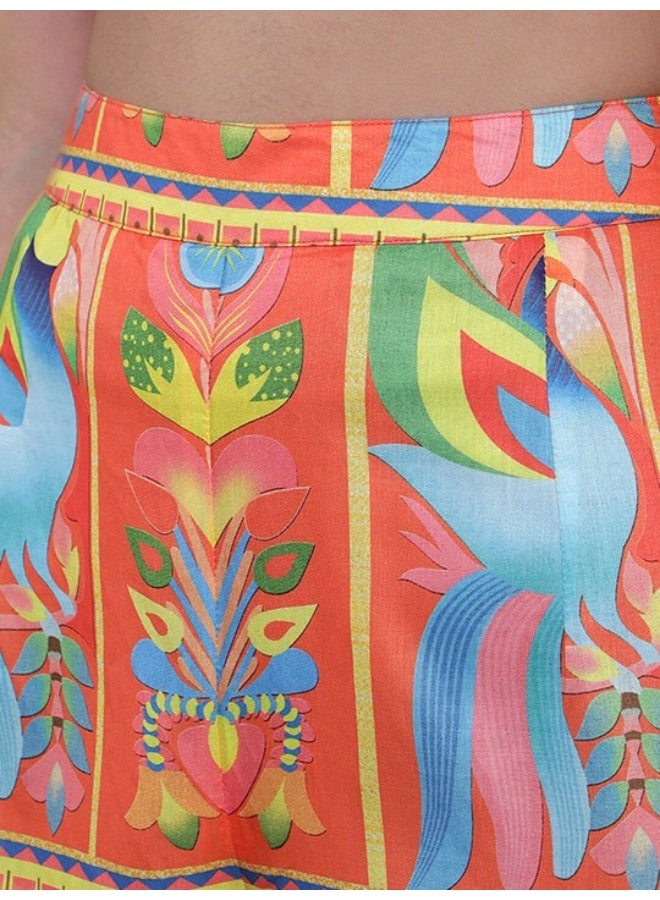 AKS Orange & Blue Floral Printed Crop With Palazzo Set  - Image 3