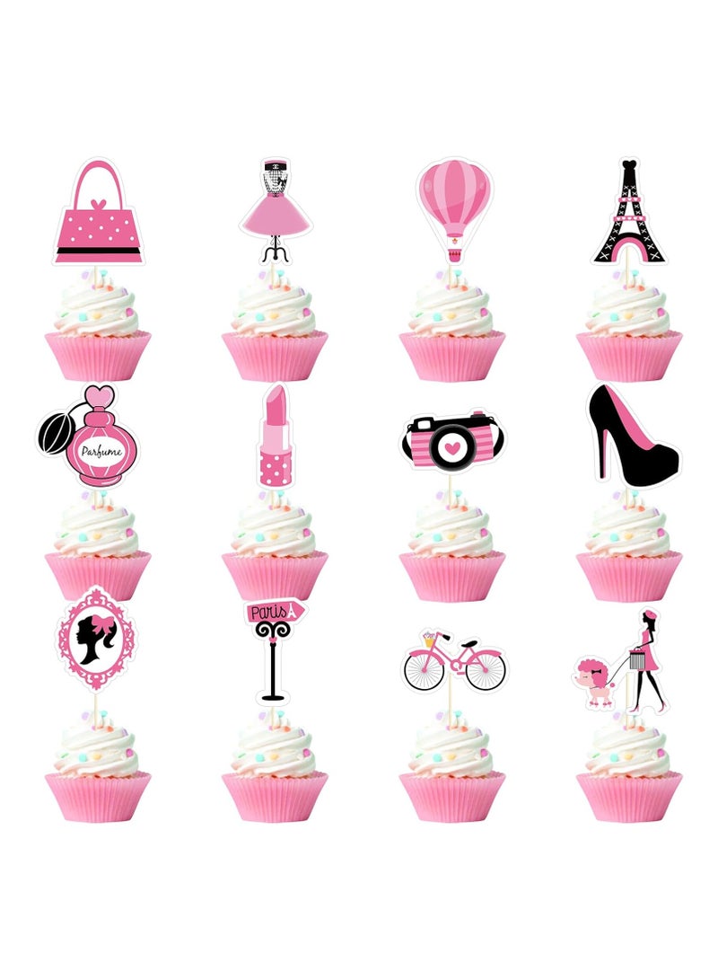 24 Pcs Pink Paris Princess Theme Cupcake Toppers for Girls Birthday Party Handbag Eiffel Tower Lipstick Tie High Heel Cupcake Decorations for Bridal Baby Shower Birthday Wedding Party Supplies