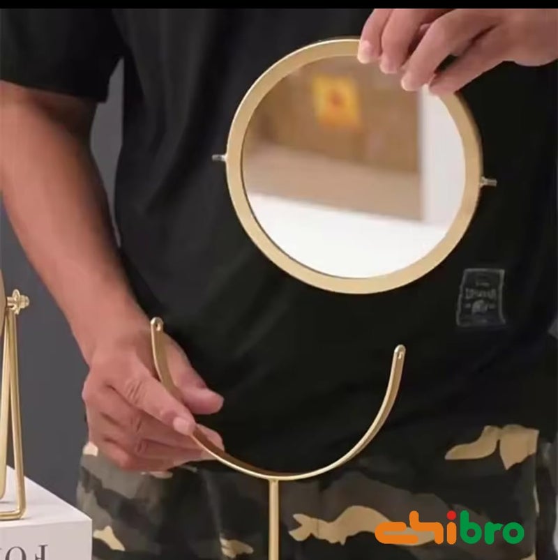 CHIBRO One-Sided Metal Tabletop Makeup Mirror | 360° Rotating Round Mirror with Stable Base | Dressing Table Vanity Mirror for Women (Golden) - Image 5
