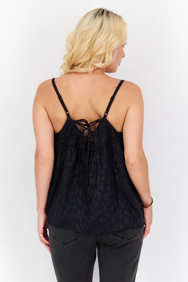 promod Women Tie Neck Sleeveless Textured Top, Black - Image 3