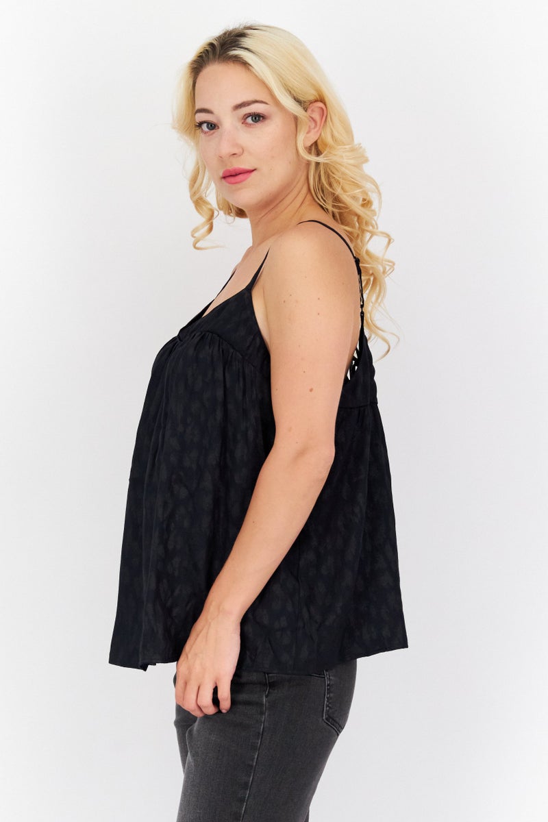 promod Women Tie Neck Sleeveless Textured Top, Black - Image 2