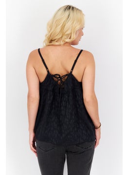 promod Women Tie Neck Sleeveless Textured Top, Black  - Image 3