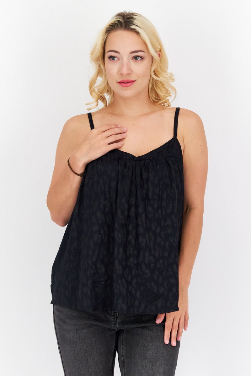 promod Women Tie Neck Sleeveless Textured Top, Black - Image 1