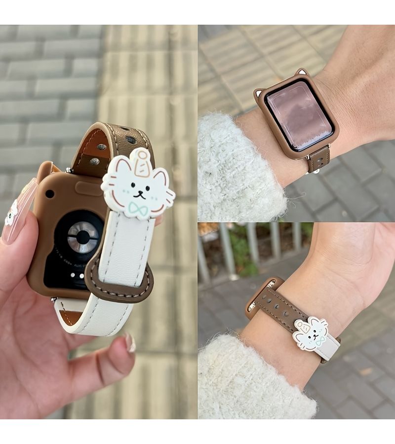 علبة بنية وبيضاء بأذني قطة لساعة Apple Watch بمقاسات 38 مم، 40 مم، 41 مم، 42 مم - Image 1