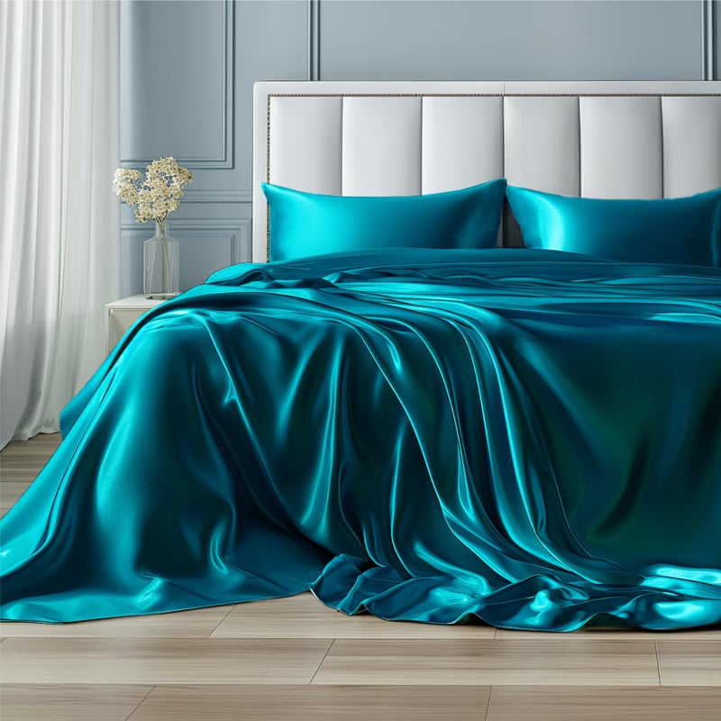 Bedsure Satin Sheets King Size - 4 Piece Silky Bedsheets with 15 Inches Deep Pocket Fitted Bedsheet,1 Flat Sheet, 2 Satin Pillowcases, Good for Hair & Skin (King, Teal) - Image 2