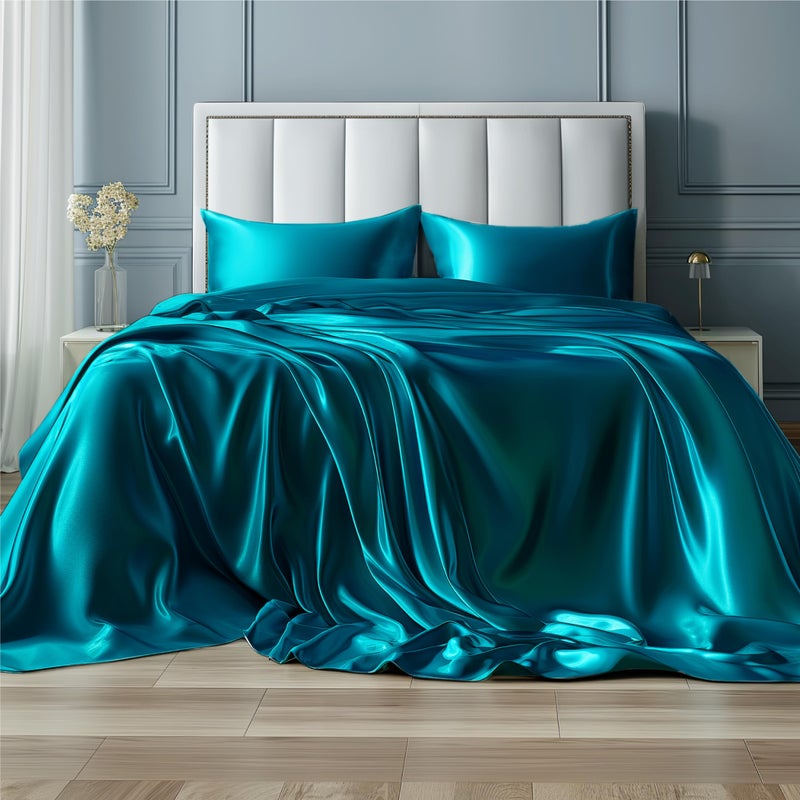 Bedsure Satin Sheets King Size - 4 Piece Silky Bedsheets with 15 Inches Deep Pocket Fitted Bedsheet,1 Flat Sheet, 2 Satin Pillowcases, Good for Hair & Skin (King, Teal) - Image 1