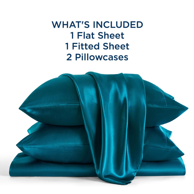 Bedsure Satin Sheets King Size - 4 Piece Silky Bedsheets with 15 Inches Deep Pocket Fitted Bedsheet,1 Flat Sheet, 2 Satin Pillowcases, Good for Hair & Skin (King, Teal) - Image 5