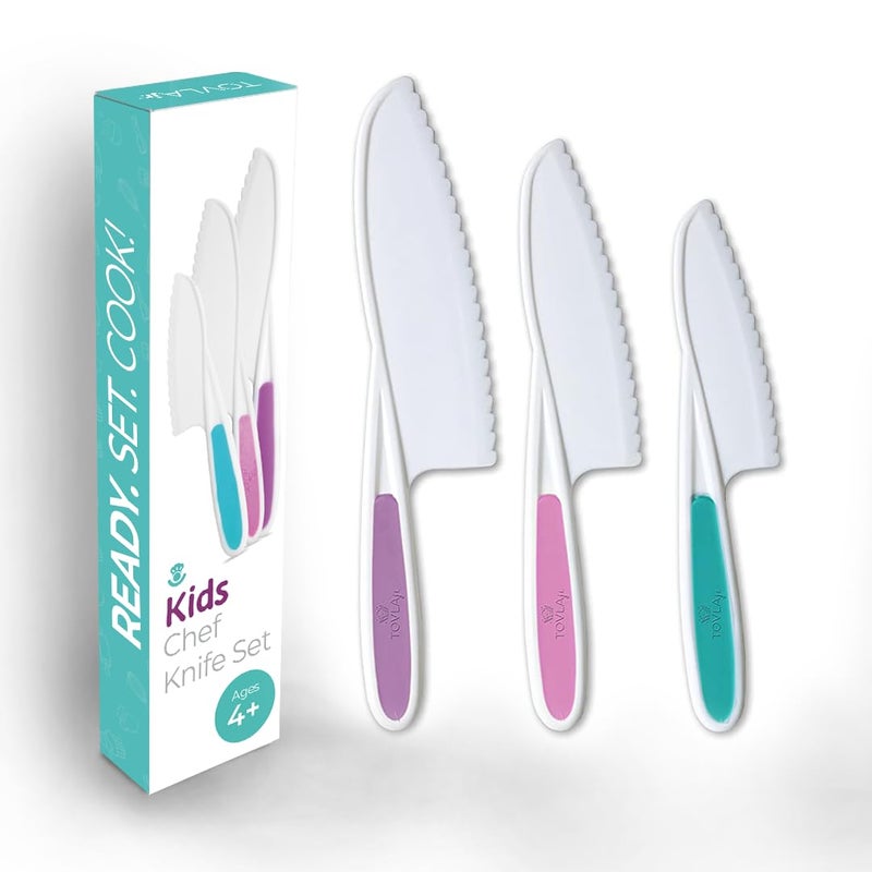 Tovla Jr. Knives for Kids 3-Piece Kitchen Baking Knife Set: Montessori Children's Real Cooking Knives in 3 Sizes & Colors/Firm Grip, Serrated Edges, BPA-Free Kids' Toddler Knives (colors vary) - Image 1