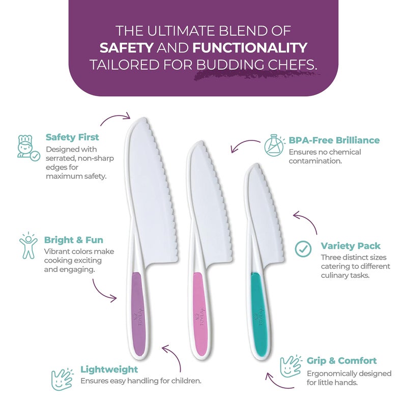 Tovla Jr. Knives for Kids 3-Piece Kitchen Baking Knife Set: Montessori Children's Real Cooking Knives in 3 Sizes & Colors/Firm Grip, Serrated Edges, BPA-Free Kids' Toddler Knives (colors vary) - Image 2