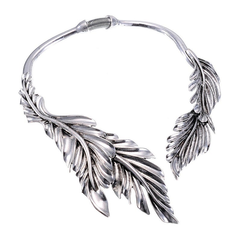 Jerollin Silver Leaf Choker Collar Stainless Steel Statement Necklace Open Choker Bib Necklace African Jewelry