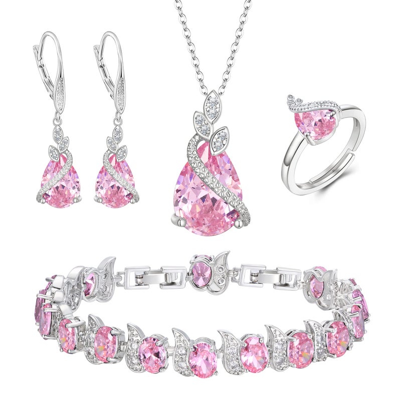 BriLove Jewelry Set for Bride, Sparkling Water Drop Cubic Zirconia Crystal Necklace Earrings Bracelet Adjustable Ring Gift for Wedding/Mother's Day Pink Silver-Tone - Image 1