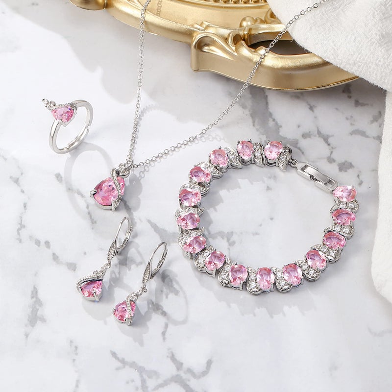BriLove Jewelry Set for Bride, Sparkling Water Drop Cubic Zirconia Crystal Necklace Earrings Bracelet Adjustable Ring Gift for Wedding/Mother's Day Pink Silver-Tone - Image 5
